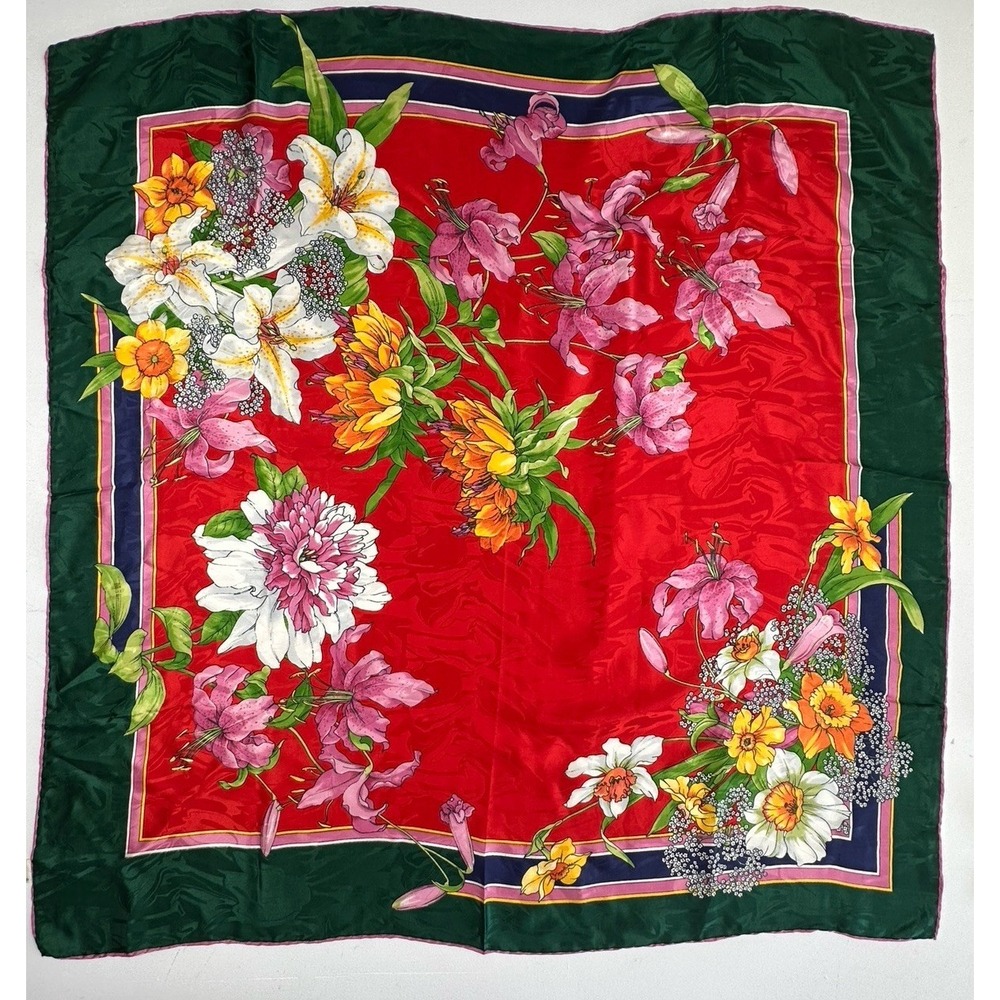 VTG 80s RSL Floral Garden SILK Scarf 34'' SQUARE